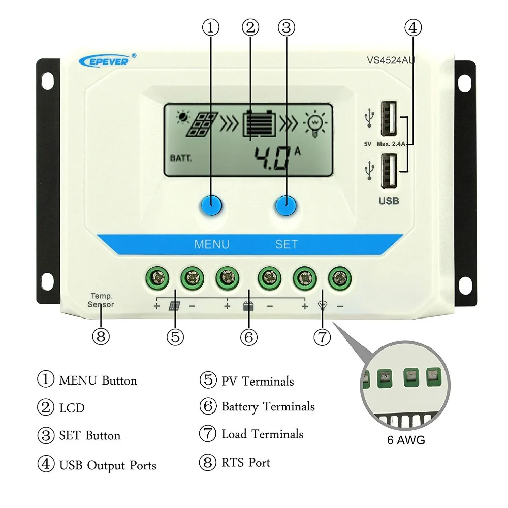 EPever 10A 20A 30A 45A 60A за максимальной точкой мощности, Солнечный Контроллер заряда 12V 24V Авто VS1024AU VS 2024AU VS3024AU VS4524AU VS6024AU PWM Rregulators