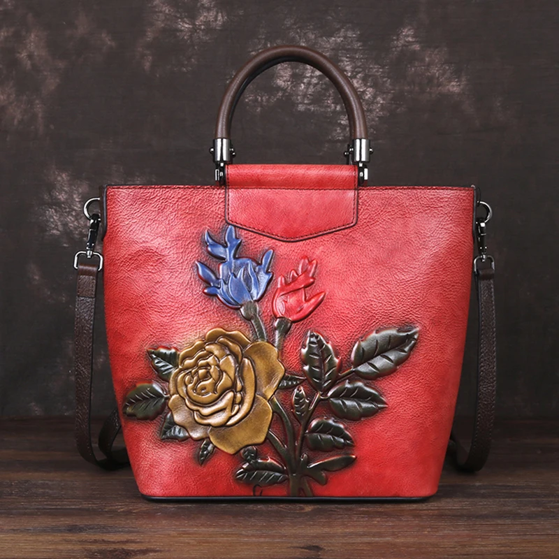 Embossing Female Handbag Shoulder Crossbody Bag Multi-Capacity Vintage Floral Pattern Women Tote Messenger Genuine Leather Bags