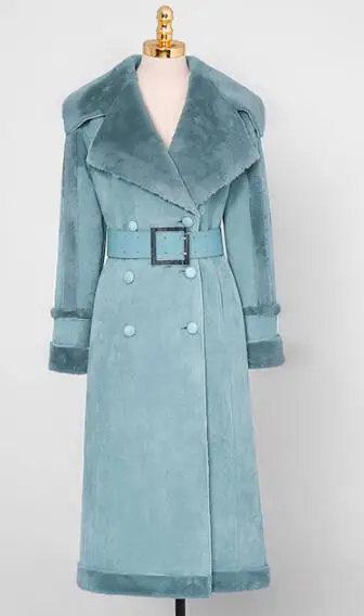 Зимнее роскошное меховое пальто, женское замшевое пальто из овечьей шерсти, подиумное двубортное Длинное Элегантное теплое пальто