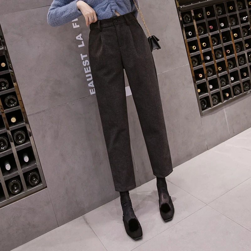 REALEFT Winter Warm OL Style Woolen Harem Pants High Waist Casual Pants Women Female Work Pants Vintage Trousers Pocket New