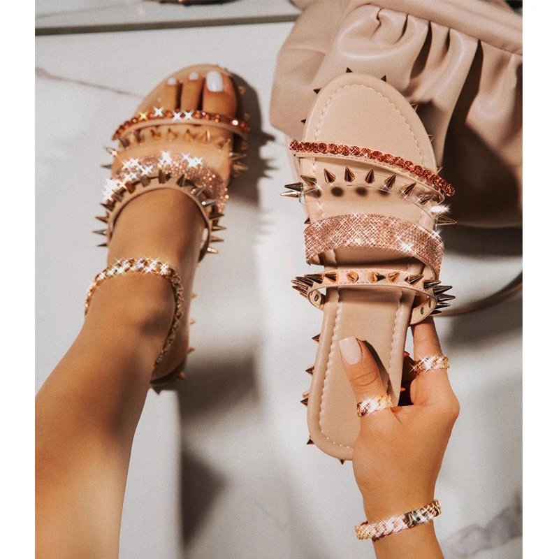 Sexy Wild Rhinestone Rivet Women Slippers Flat Heel Sandals Casual Home Plus Size 35-43 | Обувь