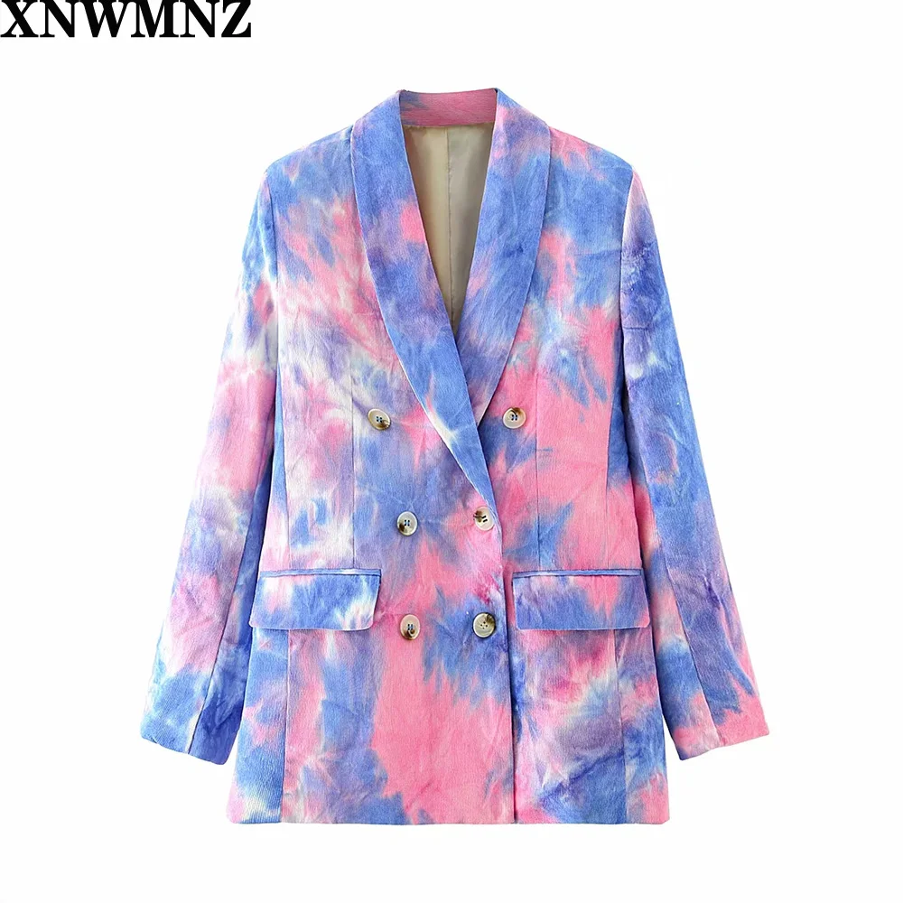 

XNWMNZ Za Women Tie Dye Suit Jacket Formal Blazer 2020 Double Breasted Pocket Women Blazer Work Office Business Suit Outwear