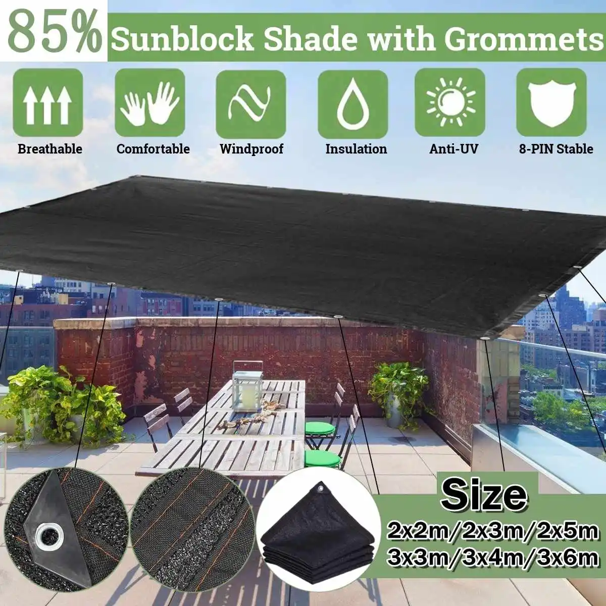 HDPE-cortina bloqueadora solar de 8 pines para jardín, tela de protección solar para exteriores, cubierta protectora para invernadero, 85%