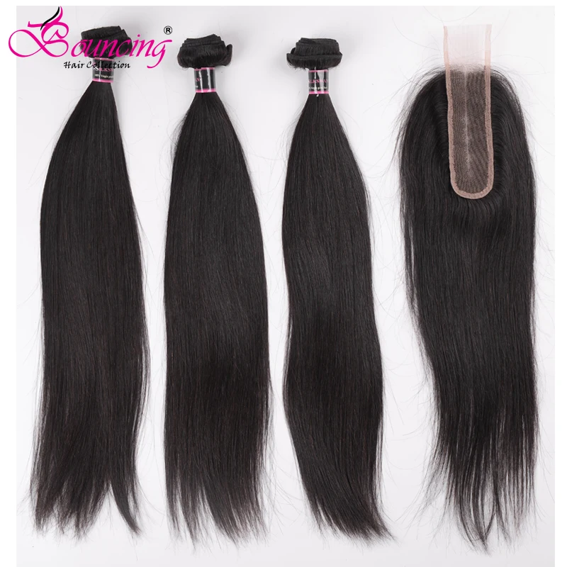 Rebote Kim K-mechones rectos con cierre, cabello humano peruano, cierre de parte profunda, cabello Remy de encaje marrón claro, 2x6