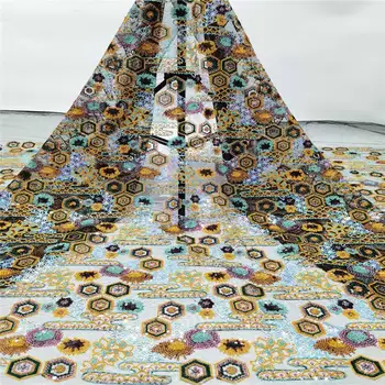 

african sequins lace fabric 2020 high quality embroidery with hollow design tulle gold sequin fabrics for garment sewing