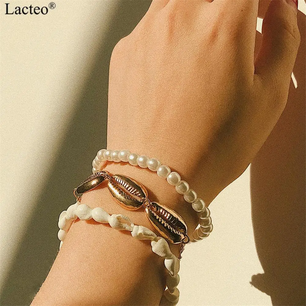 Lacteo 3 шт./компл. в богемном стиле, с жемчугом и цепочкой, браслеты с брелоками Для женщин летние пляжные золотой оболочки браслет женский аксессуары, ювелирные изделия в качестве подарка