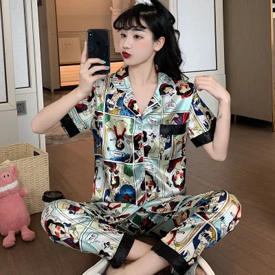 Disney Cute Silk Pajamas for Women Fall Home Suit Mickey Mouse Pyjamas Pj Set Satin Nightwear Sleepwear 2021 Pijama Verano Mujer 5346