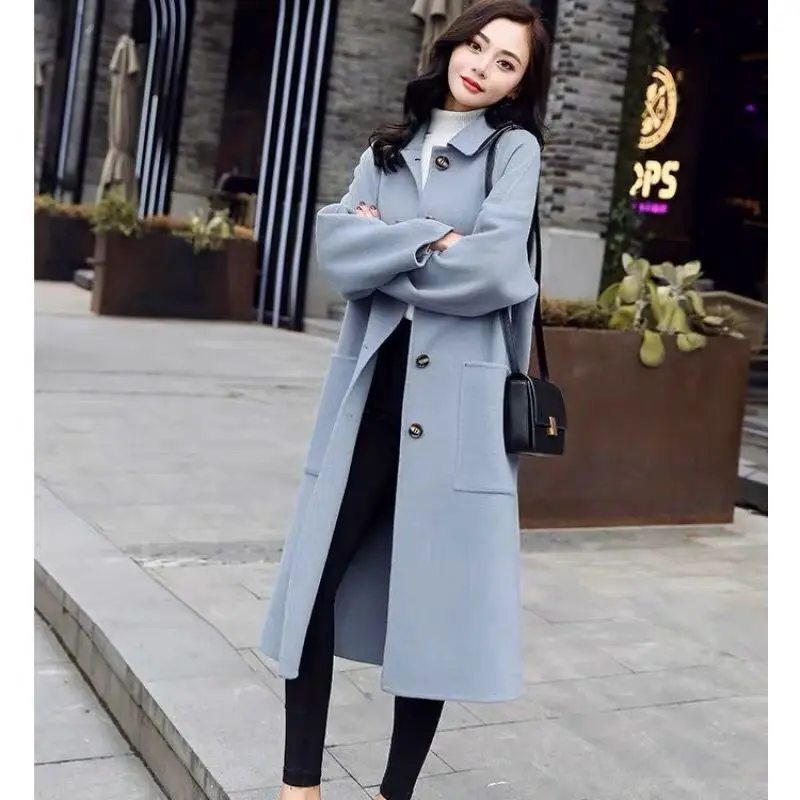 

Solid color woolen coat female long section Korean version 2019 new autumn and winter popular over the knee woolen coat