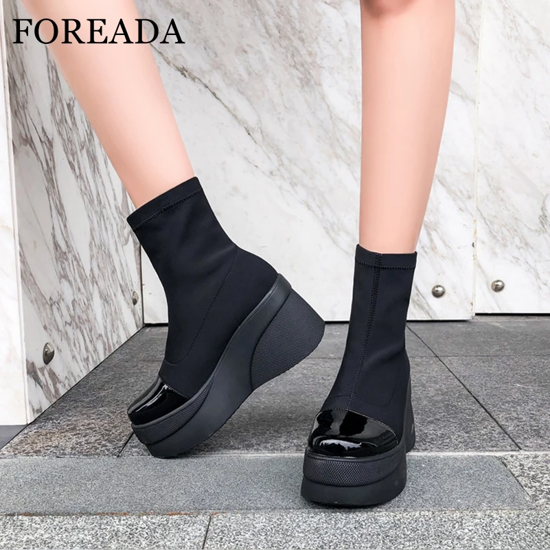 

FOREADA Natural Genuine Leather Ankle Boots Super High Heel Woman Boots Platform Wedges Heel Short Boots Round Toe Female Shoes
