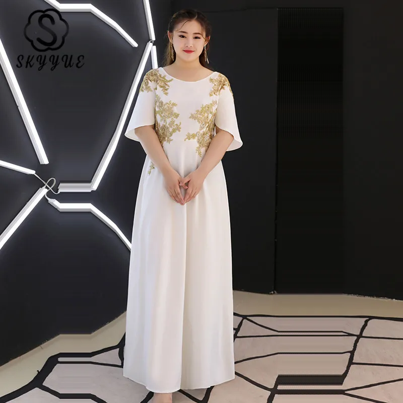 

Skyyue Evening Dress White Sequin Flowers Robe De Soiree 2019 Plus Size Zipper Women Party Dresses Short Sleeve Formal Gown T119