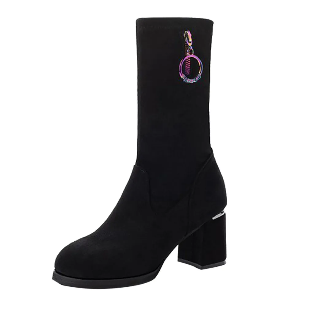 2020 new fashion solid color high heel women's shoes elastic velvet side zipper with suede women's boots