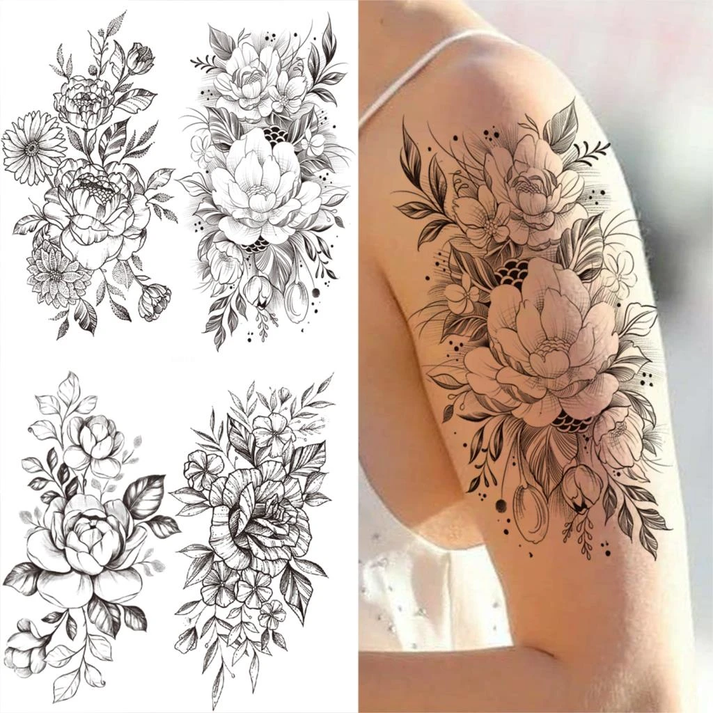 Large Half Sleeve Dahlia Temporary Tattoos For Women Men Adults Rose Peony Flower Fake Tatoos Transfer Arm Tattoo Stickers Temporary Tattoos Aliexpress