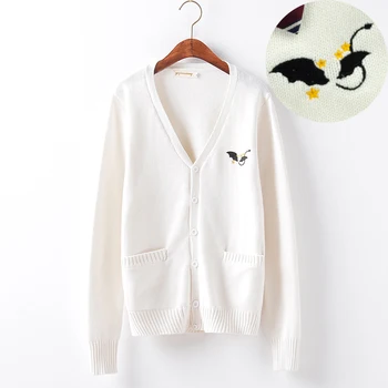 

New Women Demon Embroidery Cardigan Sweater Coat JK Uniform Winter Young Girl Student Retro Thicken V-Neck Jacket Preppy Style