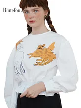 

【Biutefou】Original Design 2022 Spring Women Short Art Graffiti Puff Sleeve Shirt
