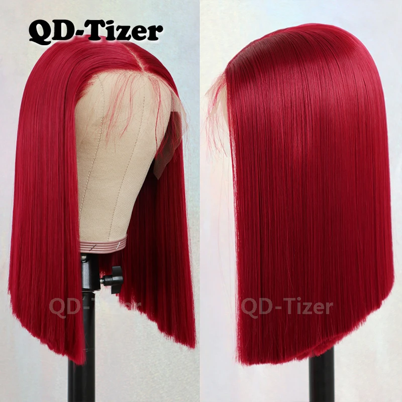 QD-Tizer 13*6 красный цвет кружевной передний парик короткий Боб Glueless термостойкие синтетические кружевные парики для женщин