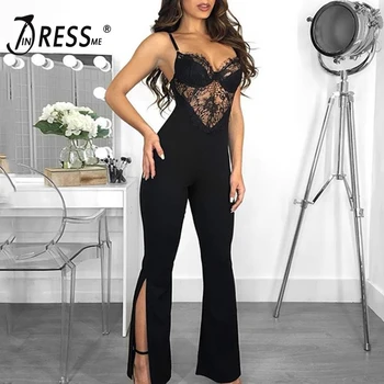 

INDRESSME 2019 Vestidos New Women Fashion Sexy Strap Deep V Neck Lace Jumpsuit Sleeveless Lady Party Club Straight Long Pants