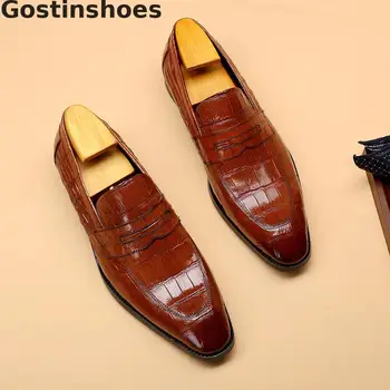 

Men Shoes Genuine Leather Black Brown Men Oxfords Slip-on Pointed Toe Crocodile Pattern Printed Men Leather Shoes Oxfords