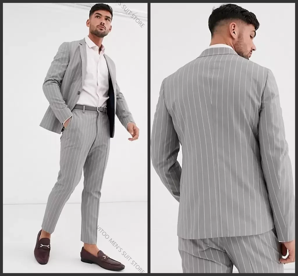

Fashion Beach Pinstripe Men's Wedding Bridegroom Suits One Button Peaked Lapel Formal Groom Wear Tuxedos(Jacket+Pants)Male Suit