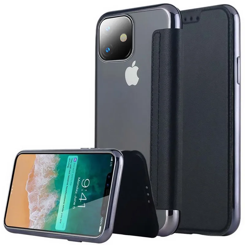 Thời Trang Mạ Điện Slim Book Flip Case Cho iPhone X XR XS Max 5 5S SE 6 6S 7 8 8 Plus 11 Pro Max Khe Cắm Thẻ Đứng Bao Da Clear apple charging case