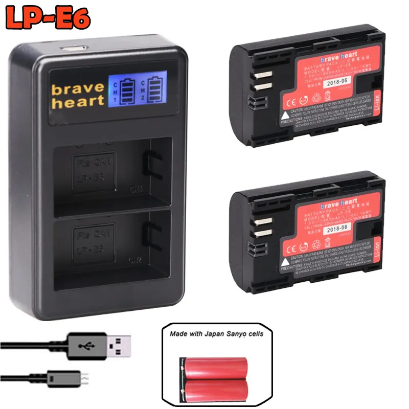 charger and 2battery Комплект из 2 предметов LP-E6 LP E6 LP-E6N Батарея Японии Sanyo ячейки+ светодиодный Dual USB Зарядное устройство для цифровой однообъективной зеркальной камеры Canon EOS 6D 7D 5DS 5DSR 5D Mark II 5D 60D 60Da 70D 80D - Цвет: charger and 2battery