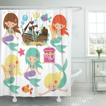 

Fish Cute Mermaid Cartoon Pirate Chest Girl Ship Treasure Shower Curtain Waterproof Polyester Fabric 60 x 72 Inches with Hooks