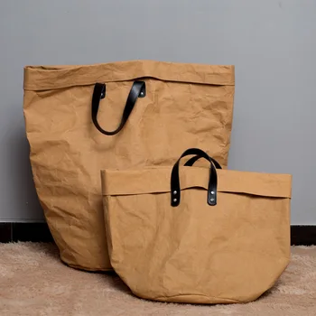 

Women Vintage Kraft Paper Bag Dirty Clothes Basket Casual Tote Female Solid Shopping Bag Waterproof Clothing Storage Basket
