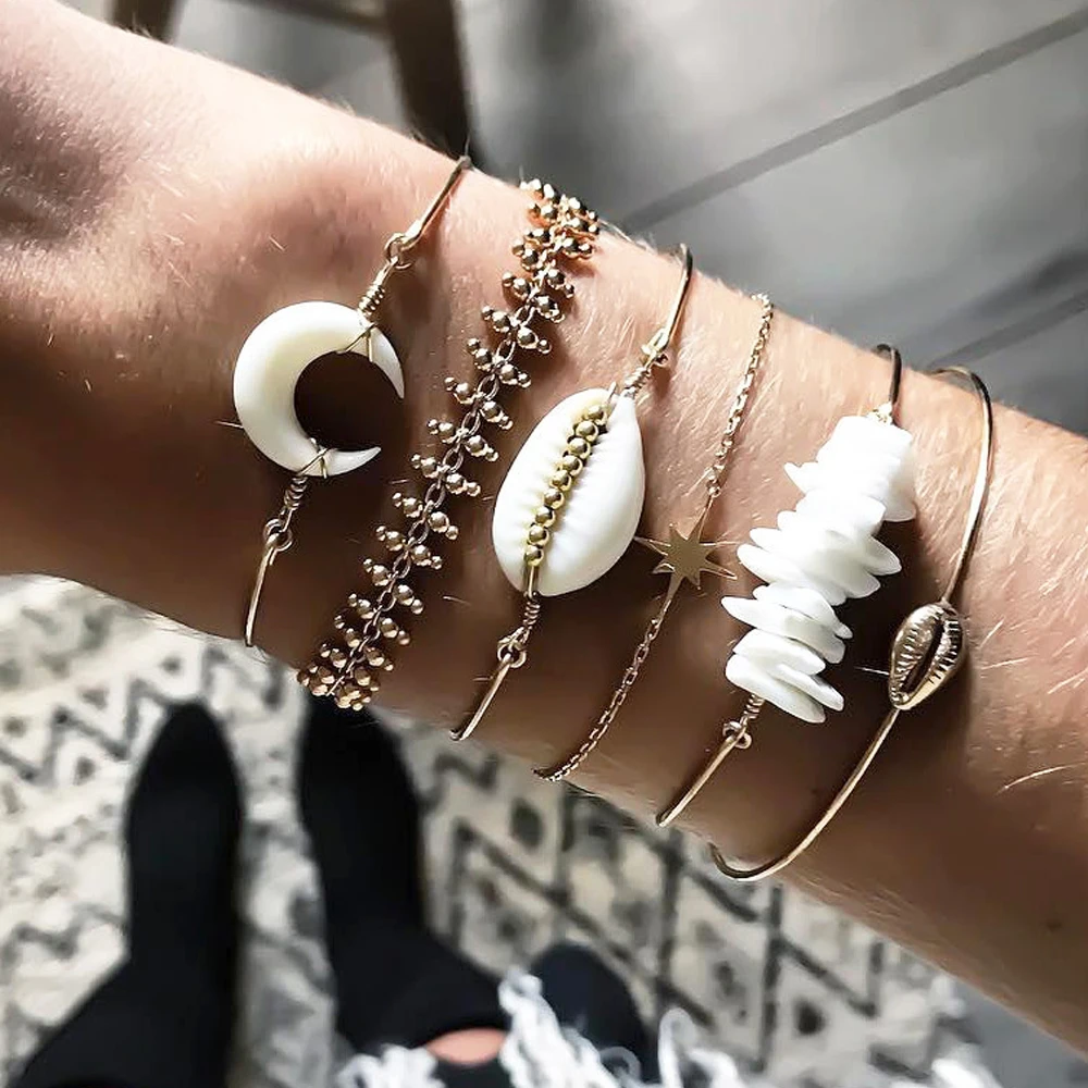 

6 pcs Bohemia Gold Color Beads Chain White Shell Horn Arm Cuff Bracelets Bangles Set Boho Handmade Stones Metal Charm Bracelets