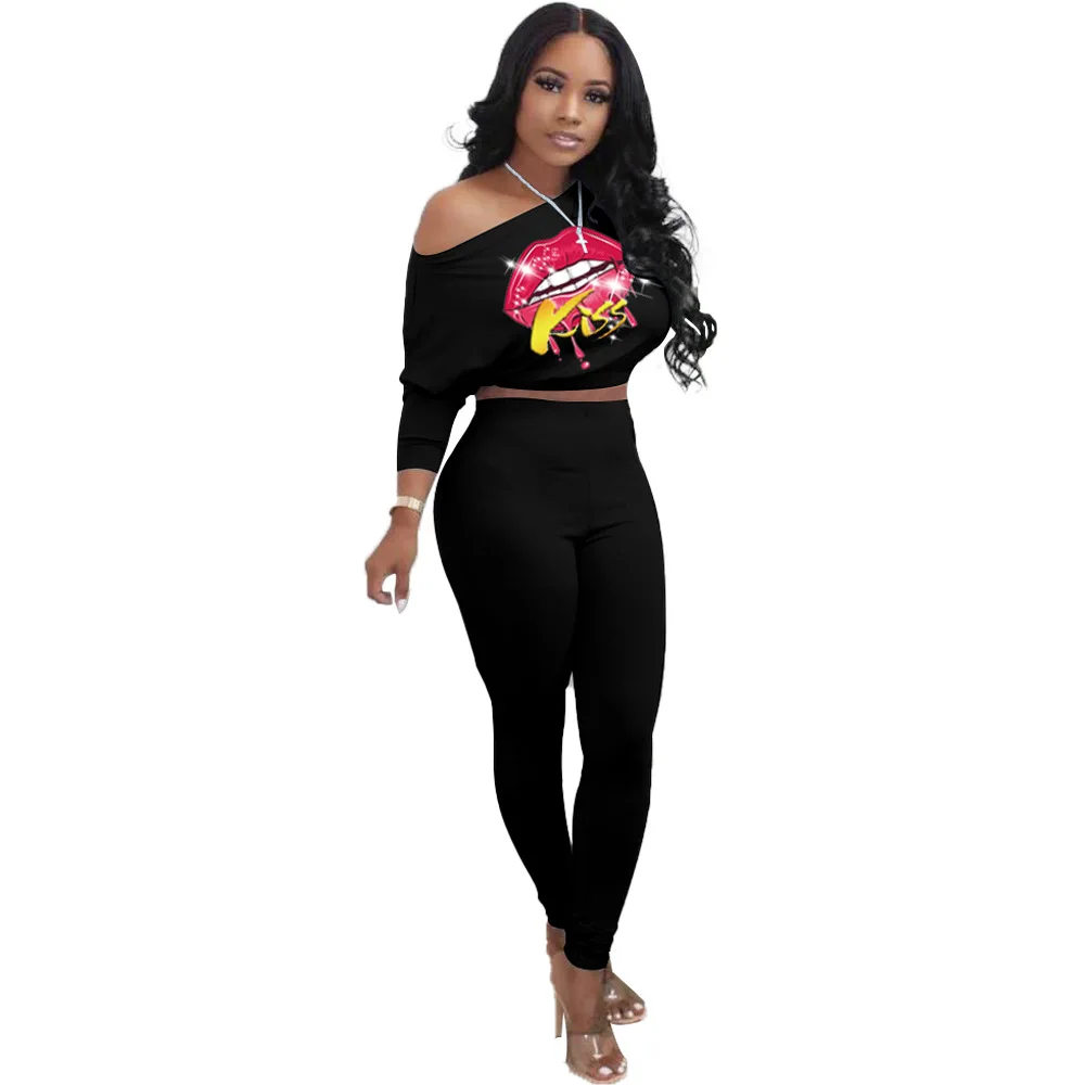 

Echoine Fashion Lips Kiss Printed Women Two Piece Set Fitness Long Sleeve Crop Tops Long Pants Suit Tracksuit Activewear Outfits