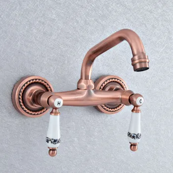 

Antique Red Copper Brass Wall Mounted Kitchen Wet Bar Bathroom Sink Faucet Swivel Spout Mixer Tap Dual Ceramic Handles asf890