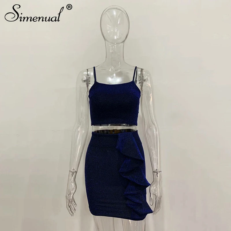 blue Simenual, блестящие оборки, горячие вечерние комплекты для женщин, сексуальный Модный Шелковый клубный костюм, майка без рукавов и юбка, комплект из двух предметов - Цвет: blue