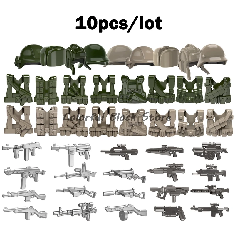 10PCS/LOT Weapon Accessories Khaki Dark Green War Figures Equipment Gun Hat Clothes Building BlockToy Children Birthday Gift