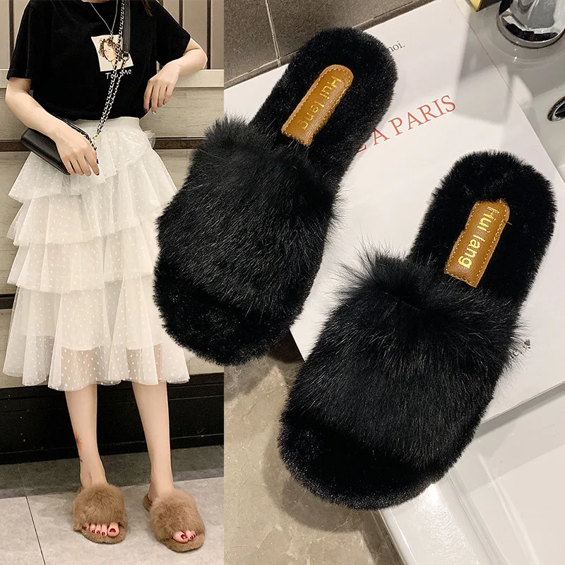 

Luxury Slides Slippers Fur Flock Women Shoes 2019 Low Designer Plush New Flat Soft Rubber Basic PU Fashion Shoes
