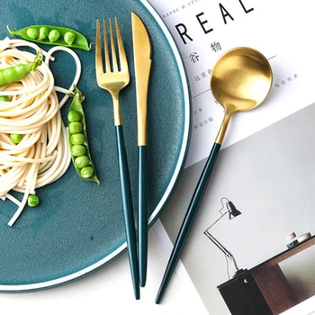 

knife fork spoon set coffee dinnerware set blackish green gold chopsticks dessert dinner luxury western tableware cutlery set