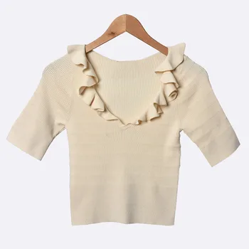

Women's V-neck Ruffles Sweater Short Sleeve Slim Knit Pullover Solid Color Spring Summer Female Top
