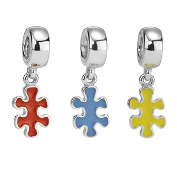 

2019 NEW 100% 925 Sterling Silver Enamel Puzzle Pieces Blue Red Yellow Pendant Charm Fit DIY Bracelet Necklace Jewelry Gift