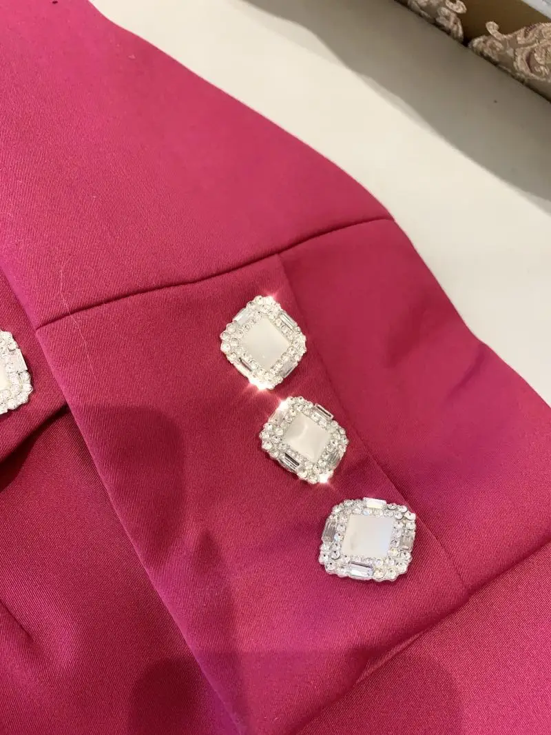 Fashion Brand Women's High-end Luxury Ladies Autumn Elegant Slim Shell Diamond Double-breasted Rose blazer Coat