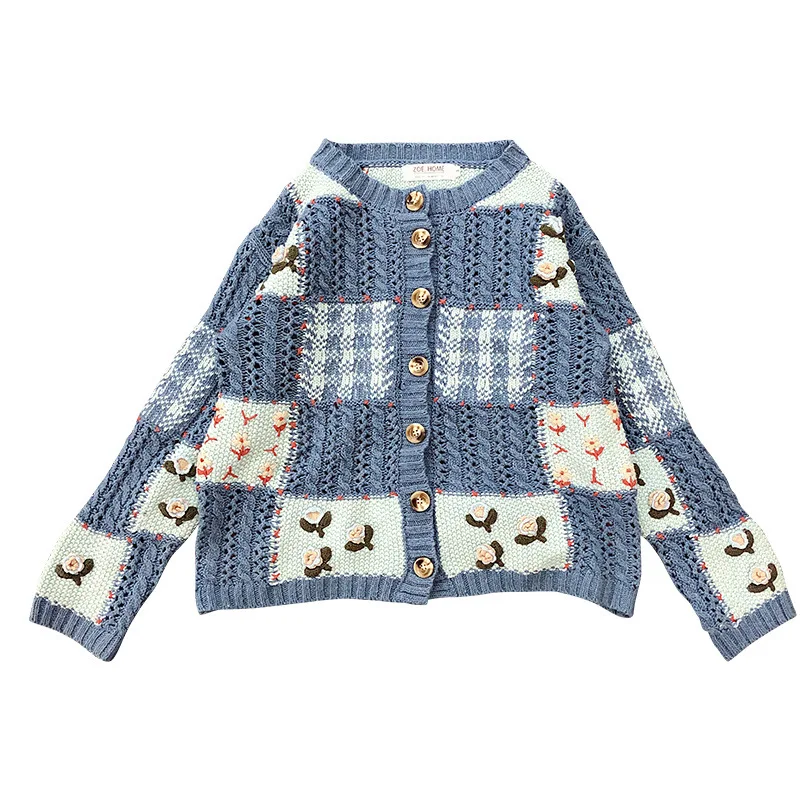 #^Special Price Factory Direct Selling Blue Retro Plaid Pattern Handmade Embroidered Stereo Crochet Flower Knitted Sweater Cardigan Coat Women's