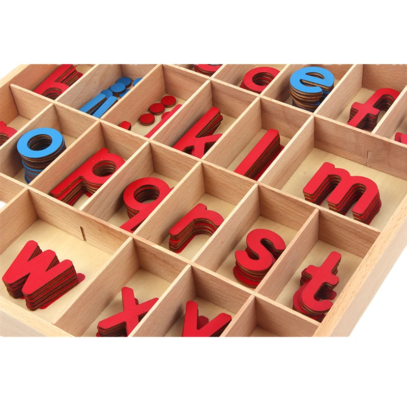 Montessori Early Educational Toys Wood Mobile Alphabet Box English Blue/ Red Letters Pieces Preschool Teaching Aids Activities 3