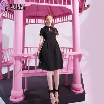 

ELFSACK Black Character Embroidery Chic Button Casual Korean Dress Women 2020 ELF Summer New Short Sleeve Girly Daily Dresses