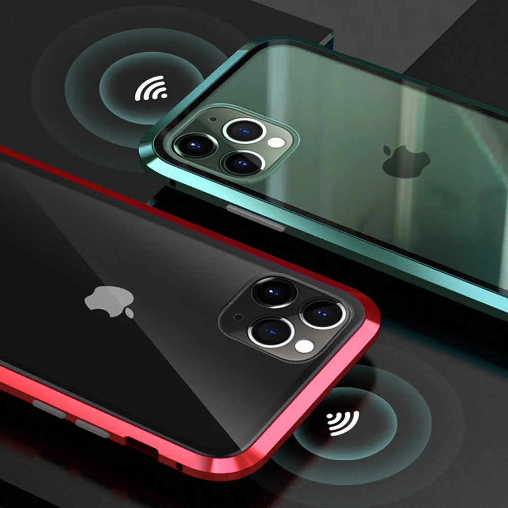 Для iPhone 11 металлический бампер двухсторонняя, для стекла Магнитный чехол для iPhone 11 Pro Max Магнитный чехол 360 Защитный чехол с петлей