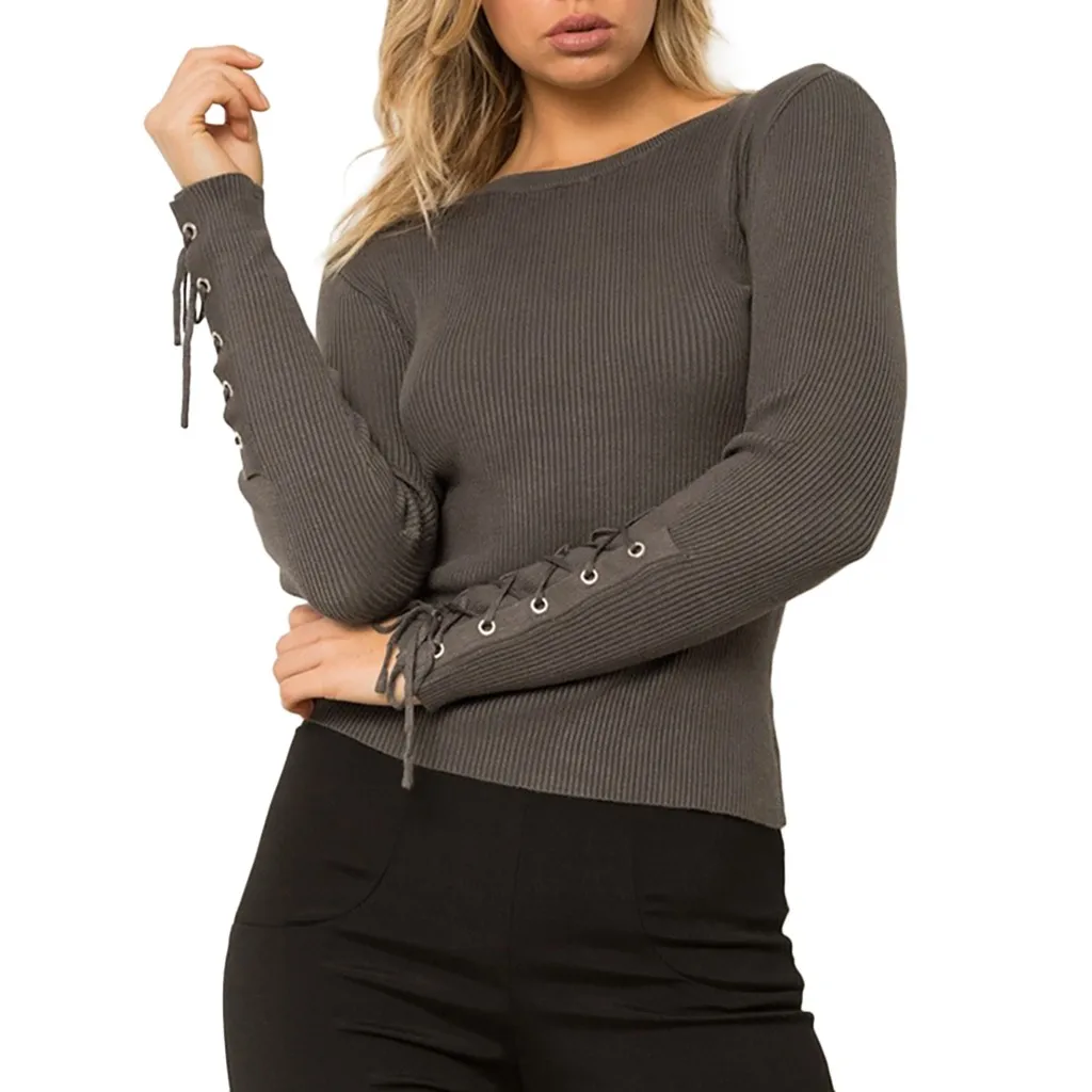 TELOTUNY/распродажа, осенне-зимний женский свитер, модный свитер с круглым вырезом и шнуровкой сбоку, пуловеры вязаный свитер, L0730 - Цвет: KH