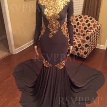 Черное длинное платье для выпускного вечера русалка es Изысканная Золотая аппликация o-образным вырезом с длинным рукавом африканская темнокожая девушка платье для выпускного вечера