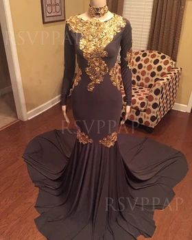 

Black Mermaid Long Prom Dresses 2020 Exquisite Gold Applique O-neck Long Sleeve African Black Girl Prom Dress