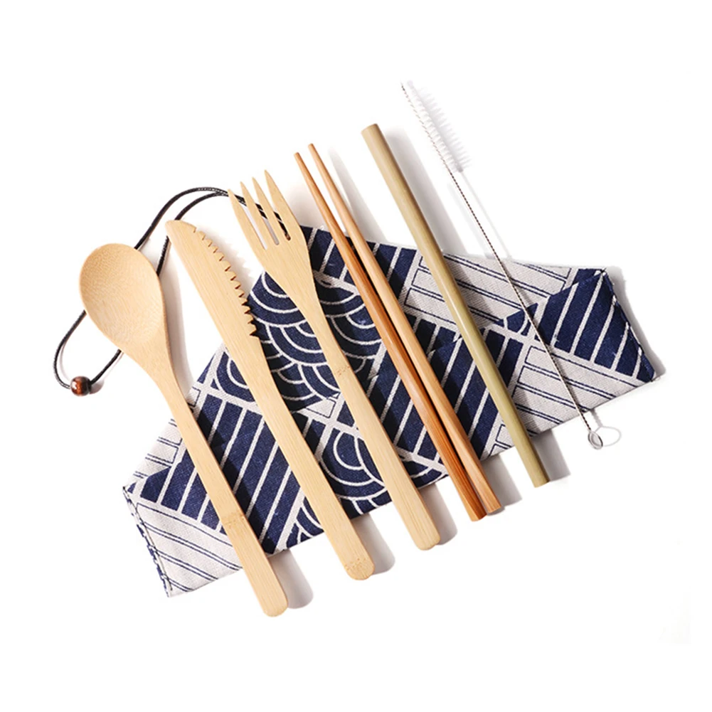 

7pcs Portable Bamboo Utensils Bamboo Cutlery Set Spoon Fork Chopstick Straw Brush Reusable Wooden Tableware Travel set