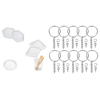 

5 Pcs Diy Silicone Coaster Resin Molds Epoxy Casting & 100Pcs Keychain Rings Jewelry with Chain