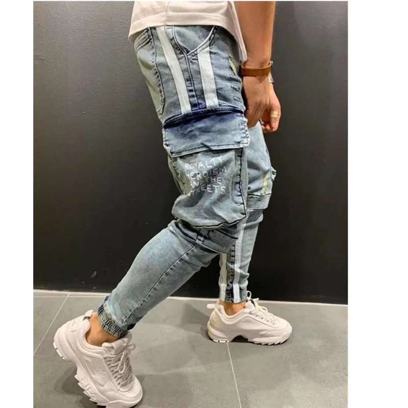 

Men's Jeans Side stripe Pencil Pants Hip-hop Trousers Multi-pockets Moto Biker Jeans Skinny Men's Jogging Printed Cargo Pants