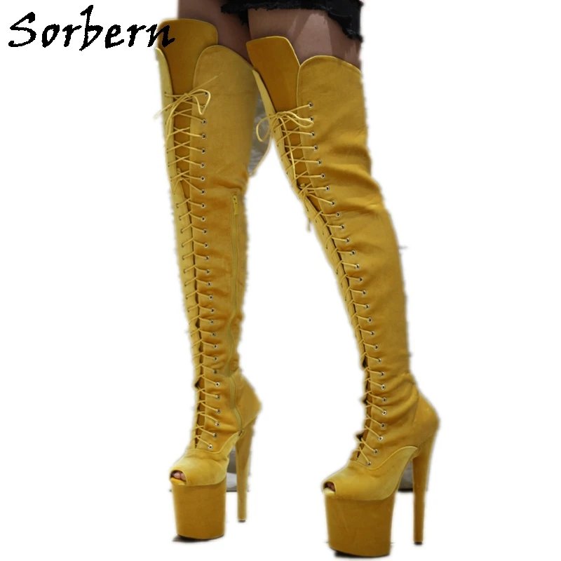 

Sorbern Yellow Long Boots Women For Pole Dancers Footwear Open Toe Lace Up Irregular Shaft Length 20Cm Extreme High Heels