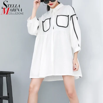 

2020 Woman Long Sleeve Plus Size White Dress Shirt Hipster Blouse Fake Pocket Feminine Casual Dress Shirt chemise femme ZY063