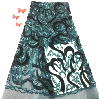 

Green velvet lace dress fabric, the latest African lace fabric velvet, sequined embroidered lace fabric ladies FJ3423