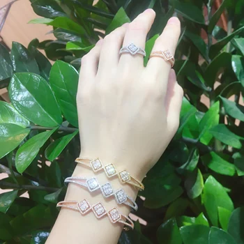 

BrideTalk Luxury Jewelry Wedding Cuff Bracelets Micro Paved Baguette Cubic Zircon Adjustable Bangle Ring Sets Free Size